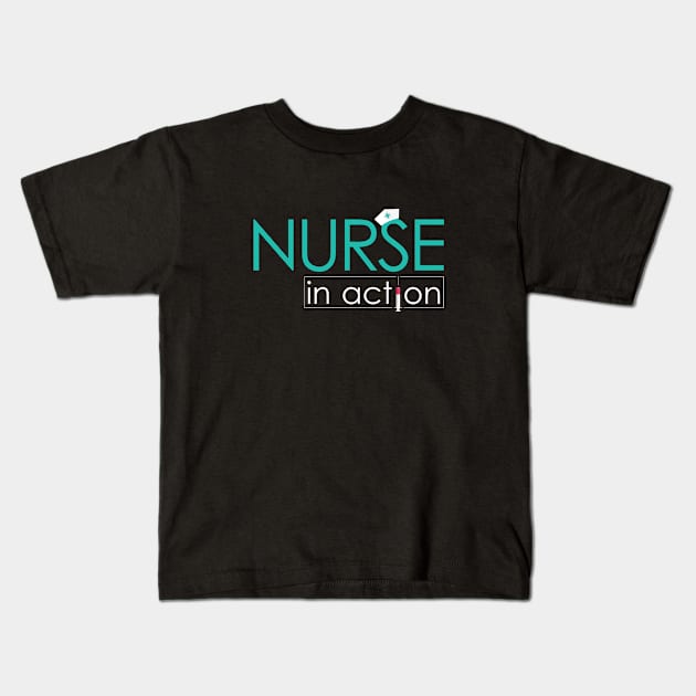 Nurse In Action Kids T-Shirt by designdaking